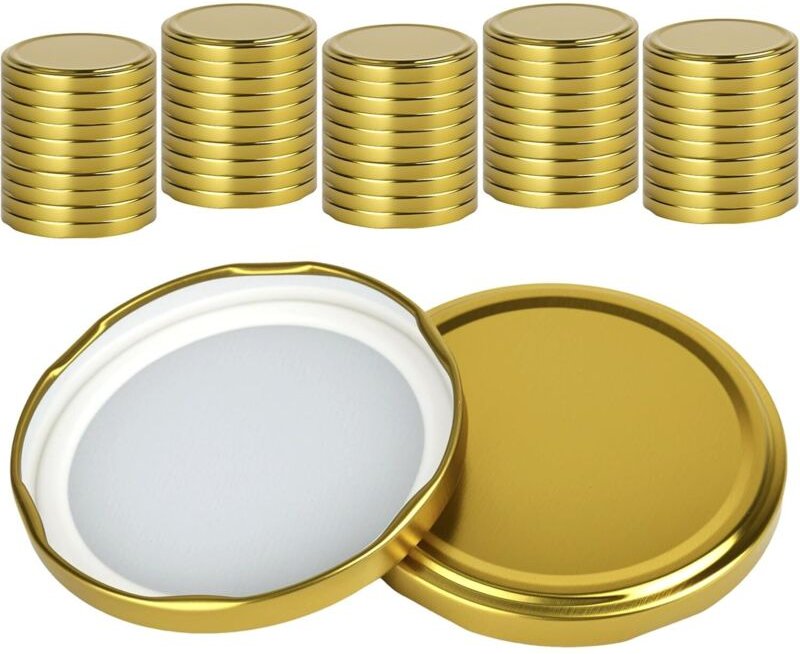 Lot de 50 Couvercles à Visser, Couvercle Pot Confiture 82mm, Couvercles pour Pots de Confiture, Bouchons à Vis Dorés pou...