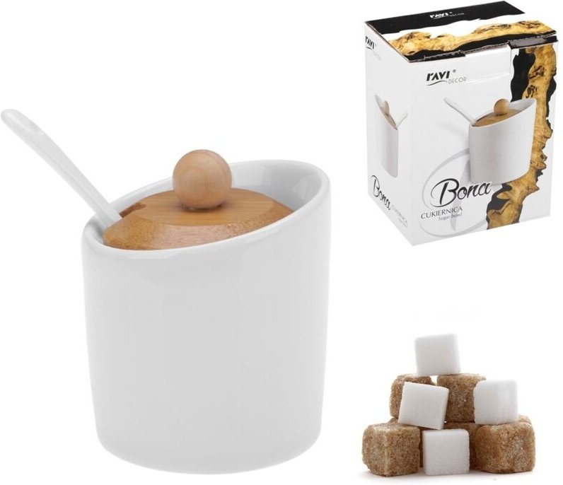 BONA kleine Zuckerdose aus Porzellan mit Löffel, weißer Bambusdeckel