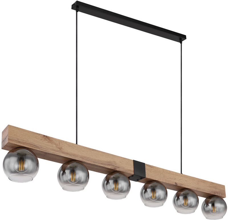 Pendelleuchte Hängelampe Holzoptik Esszimmerleuchte Landhaus Pendellampe 6 flammig, Metall schwarz, 6x E27 Fassung, LxBx...