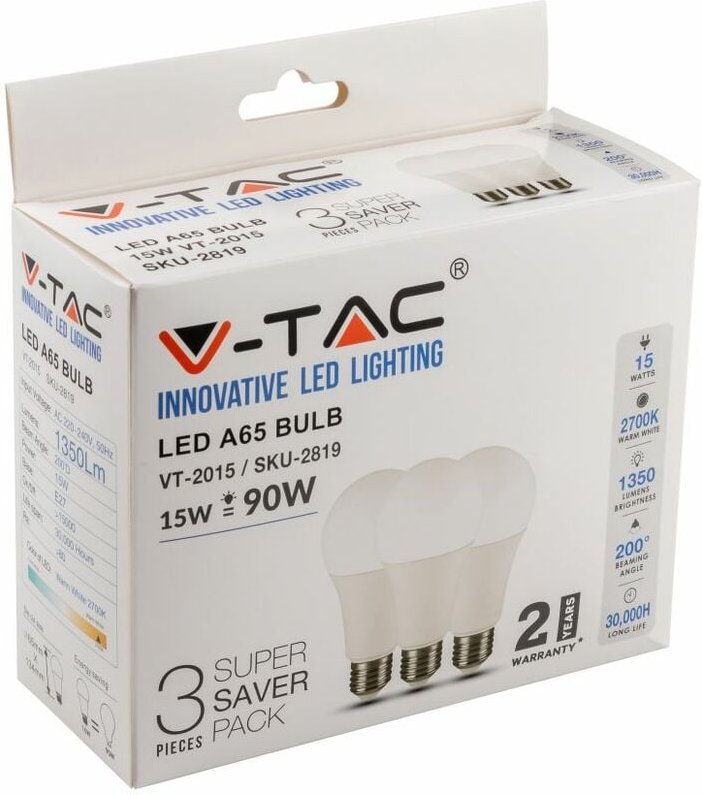 V-TAC 15W E27 LED-Glühbirne, A65, Warmweiß (3er-Packung)