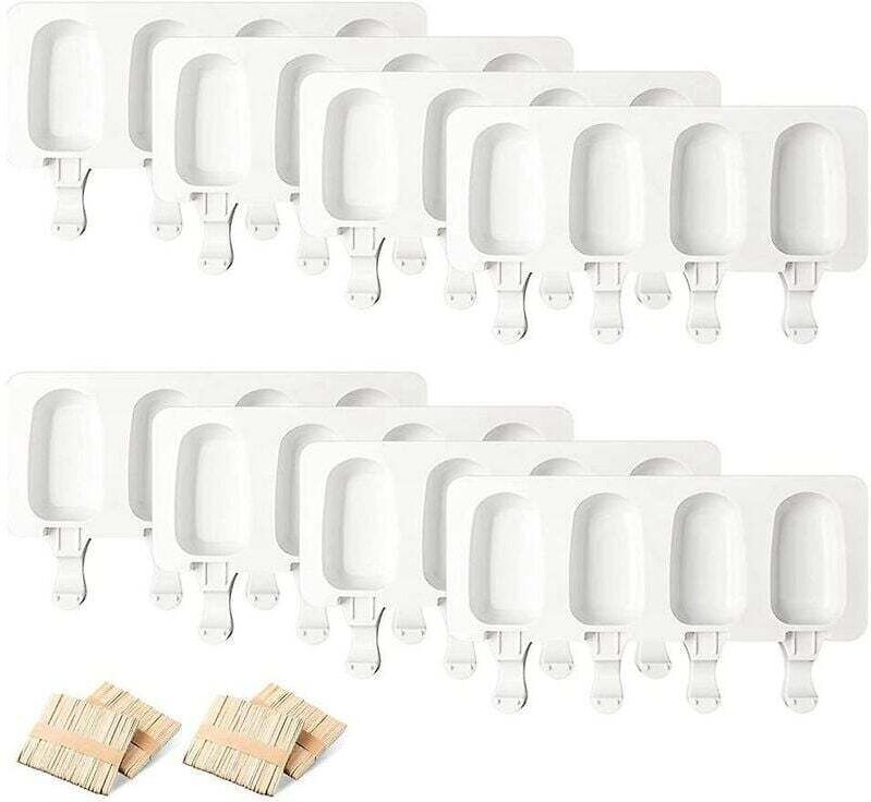 Woosien - 8 Silikon-Eisformen, 4 Mulden, Eis am Stiel, wiederverwendbare ovale Cake-Pop-Formen, für die DIY-Eisherstellu...