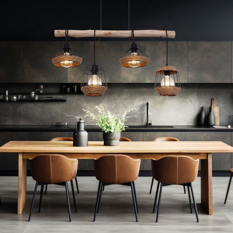 Hängeleuchte Holzbalken Hängelampe Hanfseil Retro Holz Käfig-Design Esszimmerlampe hängend 4 Flammig, Kabel schwarz, 4x ...