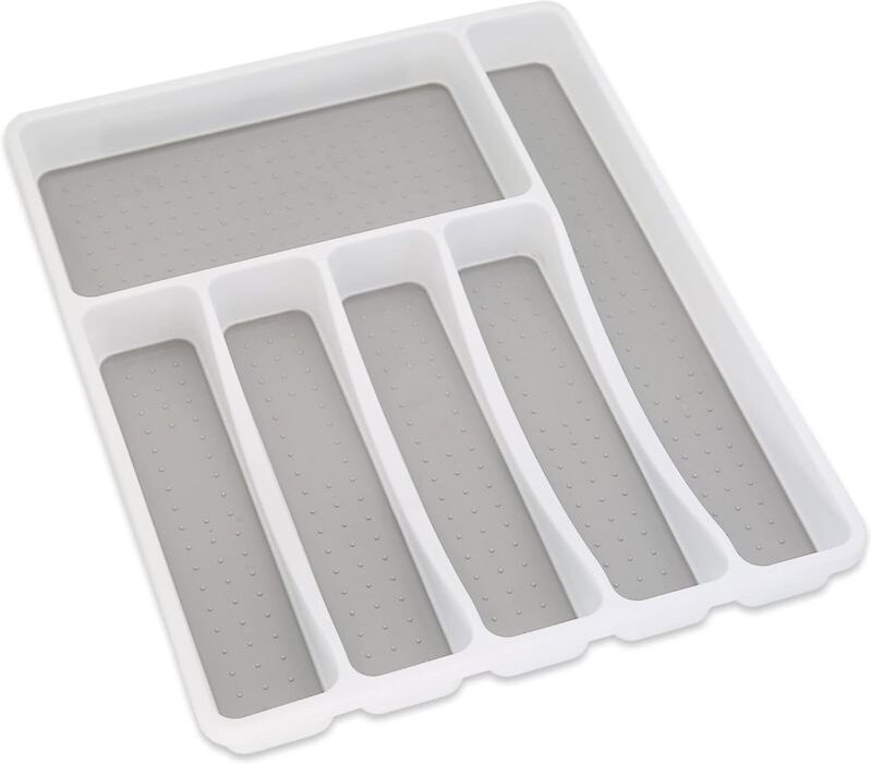 Besteckkasten mit 6 Fächern, Küchenschubladen-Organizer, 41 x 33 x 5 cm, rutschfeste Oberfläche, Weiß/Anthrazit