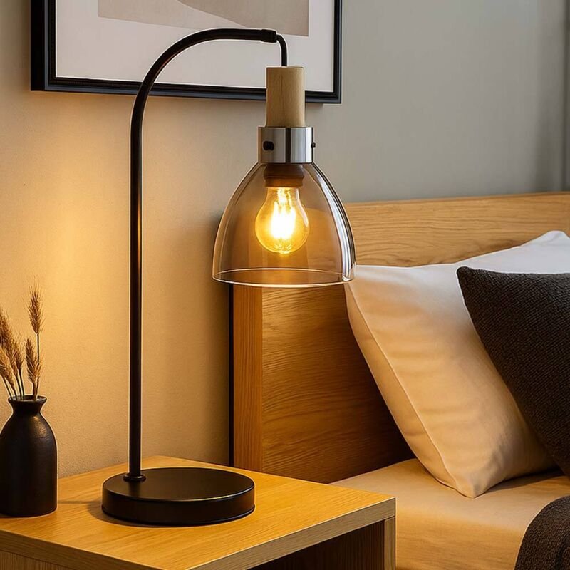 LED Tischleuchte Holzakzent Nachttischlampe Rauchglas Beistellleuchte Retro schwarz, Metall, 4W 320lm warmweiß, LxBxH 25...