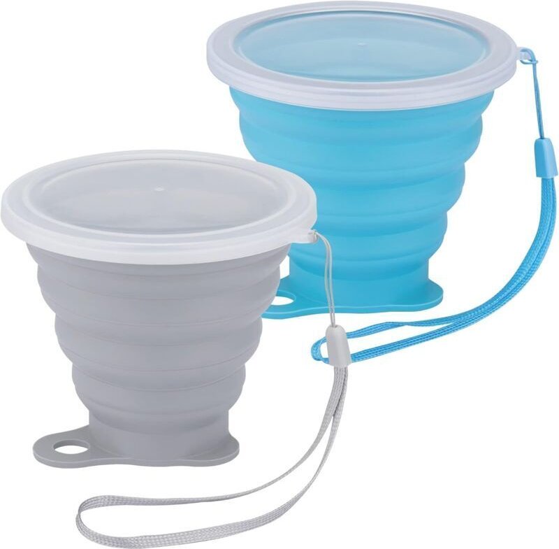 Set mit 2 faltbaren Reisebechern, faltbare Silikonbecher mit Deckel, tragbare, einziehbare Silikonbecher, wiederverwendb...