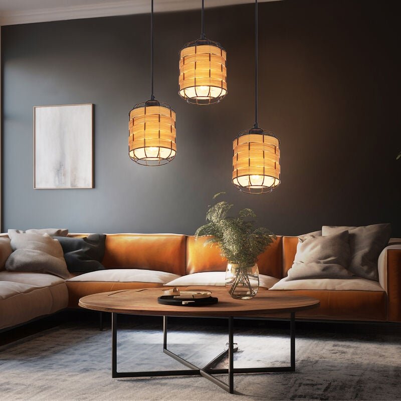 Pendelleuchte Esstischlampe Hängelampe Holzoptik Wohnzimmer, Gitter Optik, 1x E27, DxH 15 x 200 cm, 3er Set