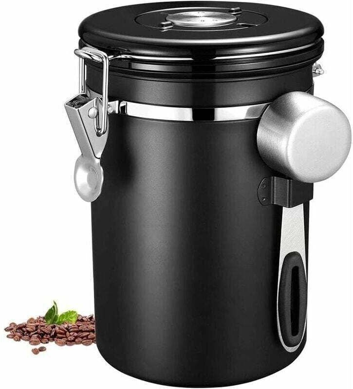Récipient hermétique en acier inoxydable avec indicateur de date et cuillère doseuse, idéal pour conserver le café moulu...