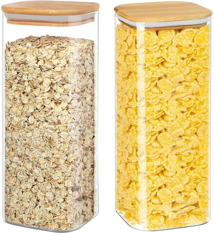 DOLASO Set mit 2 Glasbehältern mit luftdichtem Bambusdeckel für Nudeln, Samen, Kaffee, Reis, Kekse, Nüsse, großes Fassun...