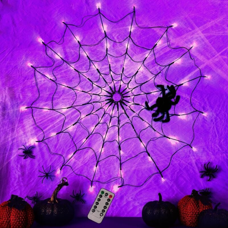 Halloween-Dekorationen, Spinnennetz-Lichter – 1,2 m Durchmesser, 96 LEDs mit schwarzer Spinne, wasserdichte Lichter, Fer...