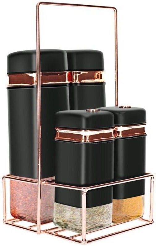 Gewürzbehälter-Set - CHEFFINGER - 4 Gläser - Kupferner Metallständer - Elegant - Schwarz