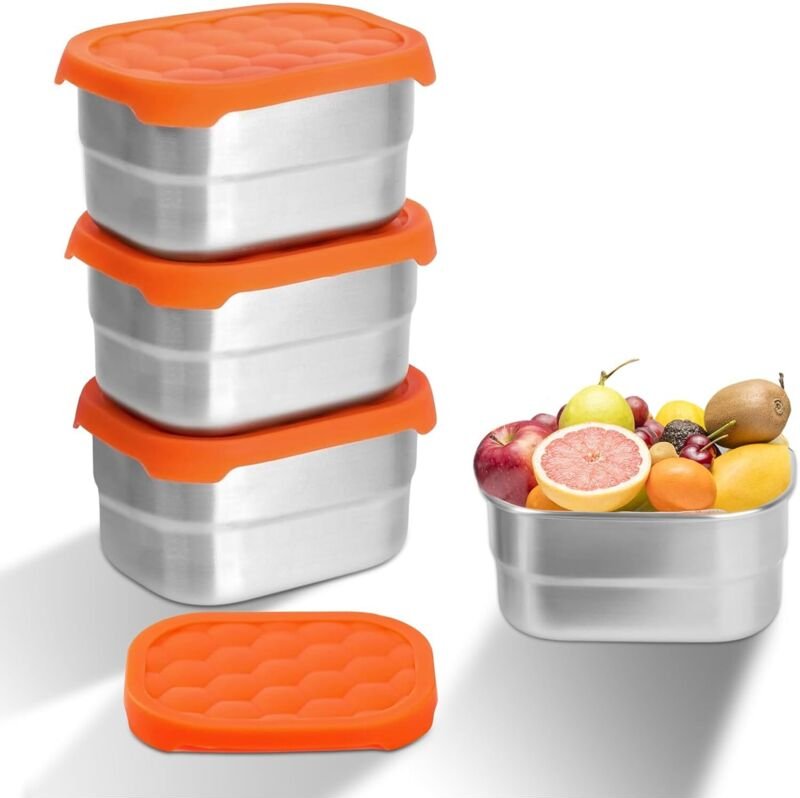 3 Edelstahlbehälter à 230 ml mit Silikondeckeln, für Soßen, Dressings, Snacks, Picknicks, Schule oder Reisen