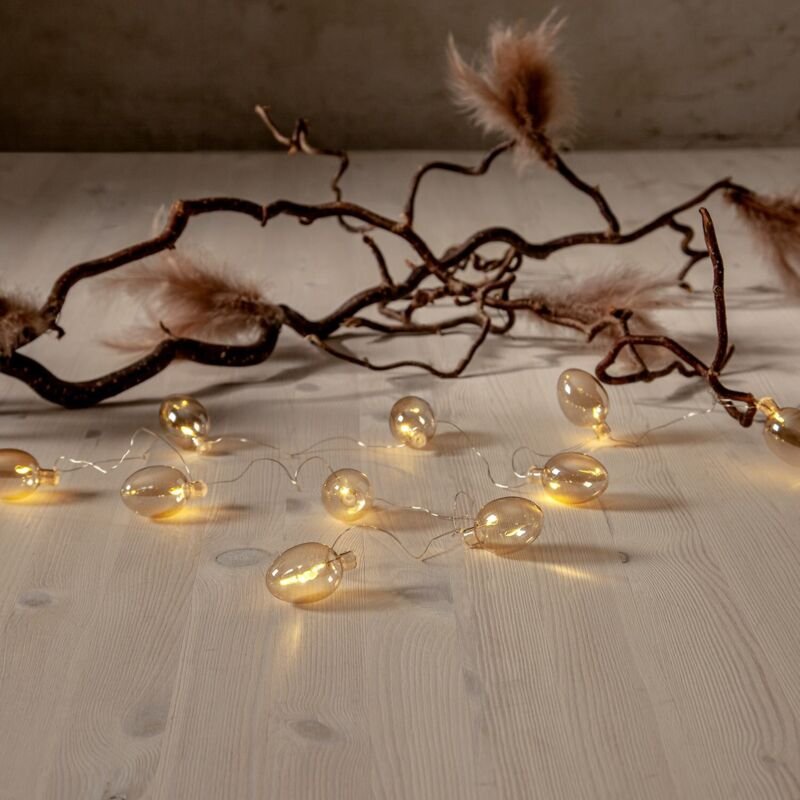 Star Trading - Filigrane Lichterkette ,Shimmer' aus Glas, 10 led Glasanhänger, Batterien + Timer, beige, l 135cm