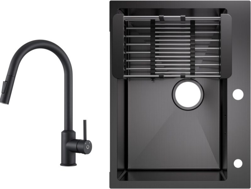 Cecipa Max - Küchenspüle aus Edelstahl 60x45cm Aufsatzwaschbecken Anthrazitschwarz + Ausziehbarer Küchenarmatur Schwarz ...