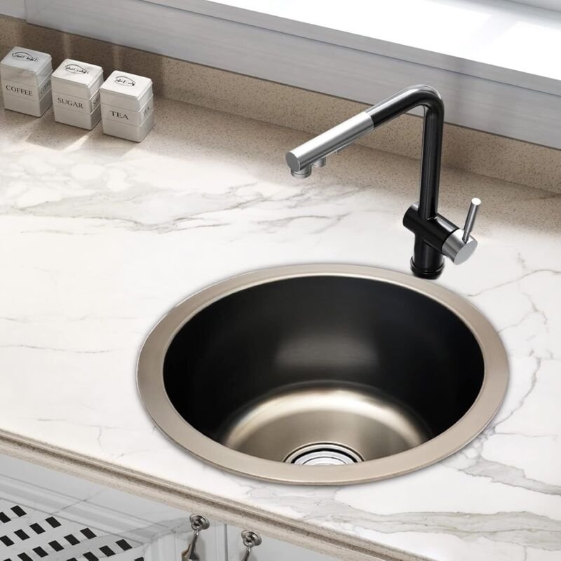 Spülbecken Edelstahl Runde Spüle Einzelbecken Einbauspüle Küchenspüle Waschbecken Küchenarmatur 36 36 18cm für Badezimme...