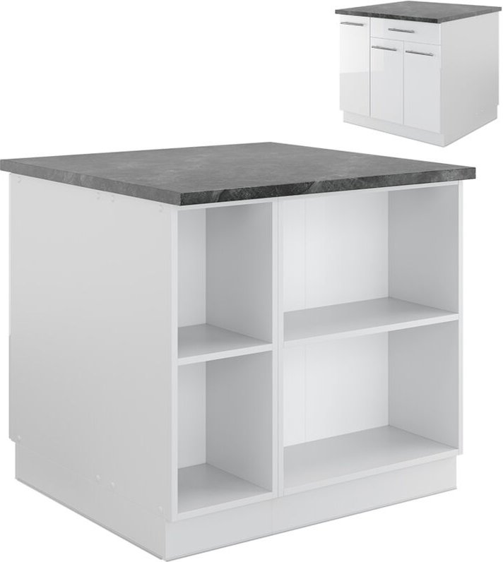 Vicco - Kücheninsel Fame-Line, Weiß Hochglanz/Weiß, 90 cm mit Schublade, ohne Arbeitsplatte