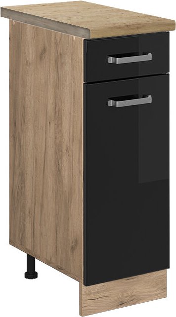 Vicco - Küchenunterschrank R-Line, Schwarz Hochglanz, 30 cm , ap Eiche