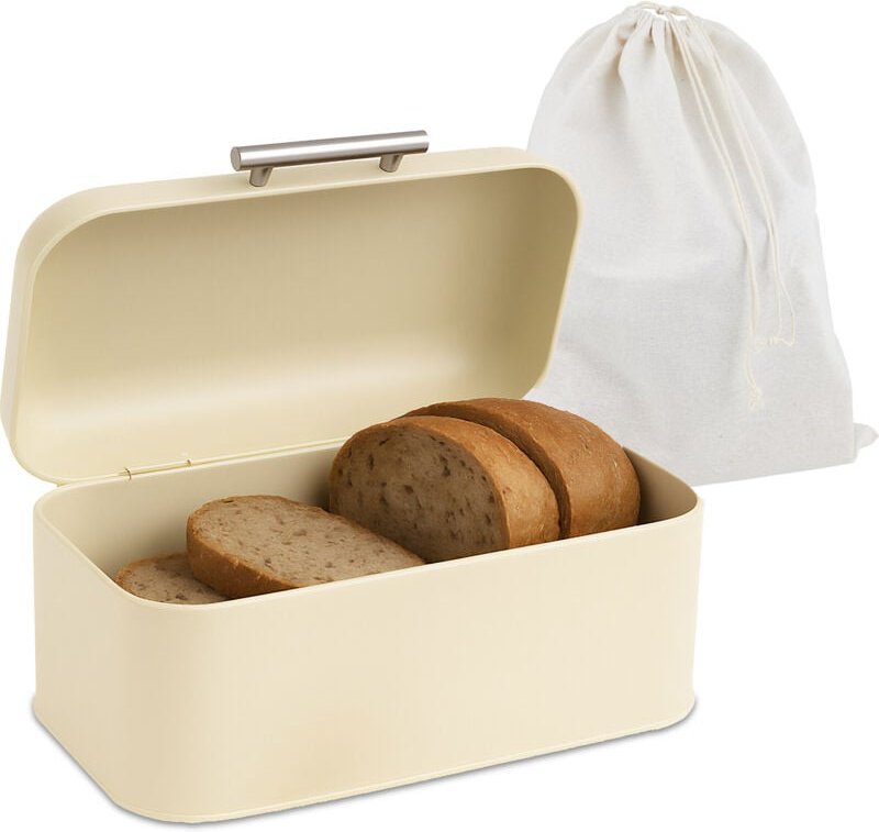 Relaxdays Brotkasten mit Brotbeuel, Brotbox mit Deckel & Griff, HBT 15,5x30x21 cm, Brotkiste Retro-Design, Metall, beige