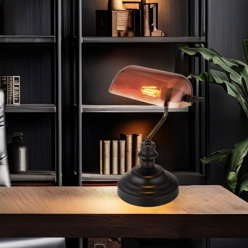 Tischleuchte Tischlampe Leseleuchte Schlafzimmerlampe Wohnzimmerlampe Bankerleuchte, Metall Glas kupferfarben schwarz, E...