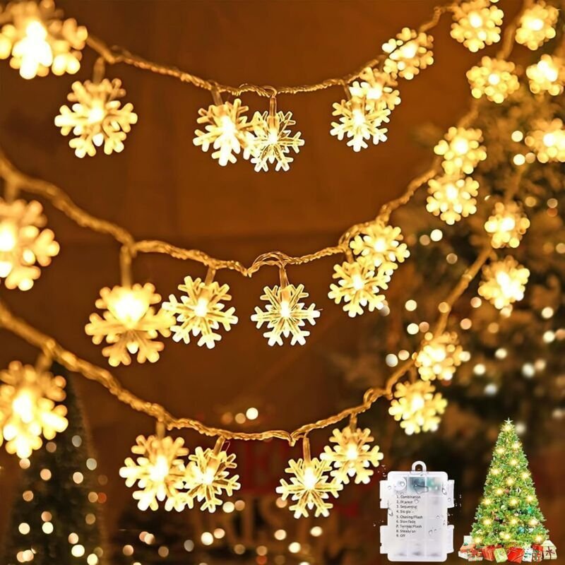 Schneeflocken-Lichterkette, 6 m, 40 LEDs, batteriebetrieben – 8 Beleuchtungsmodi mit Speicherfunktion – Weihnachtsbeleuc...