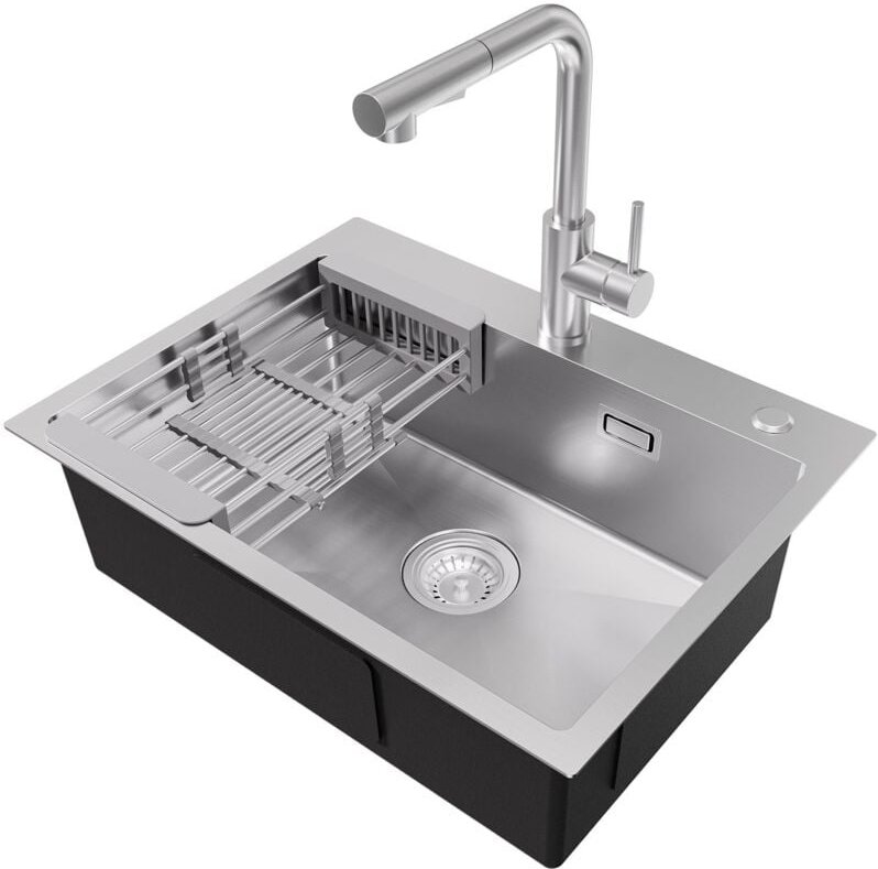 CECIPA MAX Küchenspülen-Sets, 60 × 45 cm Einzelbecken Edelstahl-Küchenspüle mit ausziehbarer Küchenarmatur, Abflusskorb,...