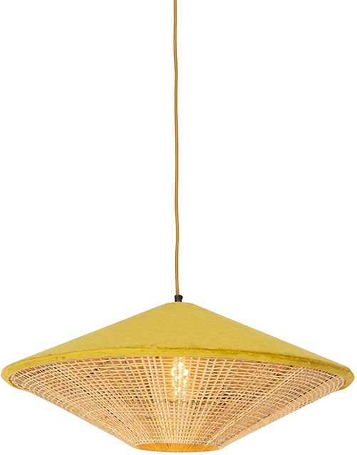 Landhaus-Pendelleuchte Gelb Samt mit Rattan 60cm - Frills Can