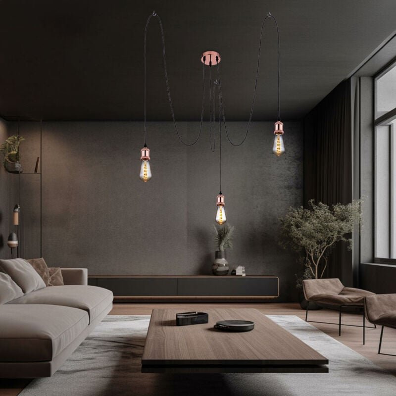 Pendelleuchte Esszimmerlampe 3 flammig Wohnzimmerlampe Hängeleuchte Industriell, Metall kupfer Textil schwarz, 3x E27, h...