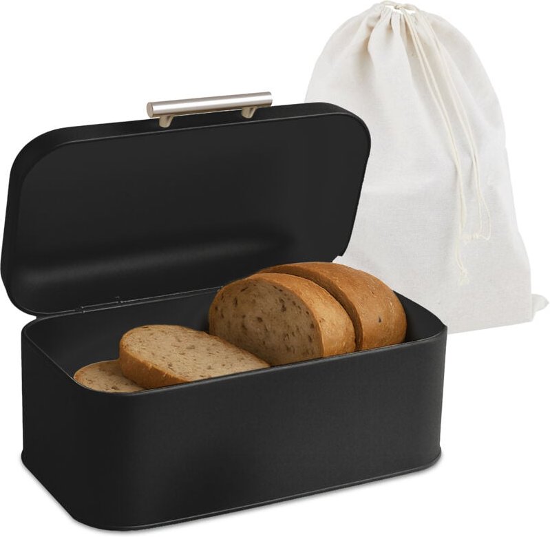 Relaxdays Brotkasten mit Brotbeuel, Brotbox mit Deckel & Griff, HBT: 15,5 x 30 x 21 cm, Brotkiste Retro, Metall, schwarz