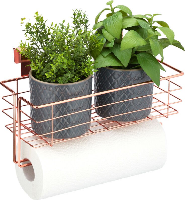 Relaxdays Einhängekorb mit Küchenrollenhalter, Aufbewahrung, Küche & Badezimmer, Drahtkorb HBT: 18 x 31 x 17 cm, kupfer