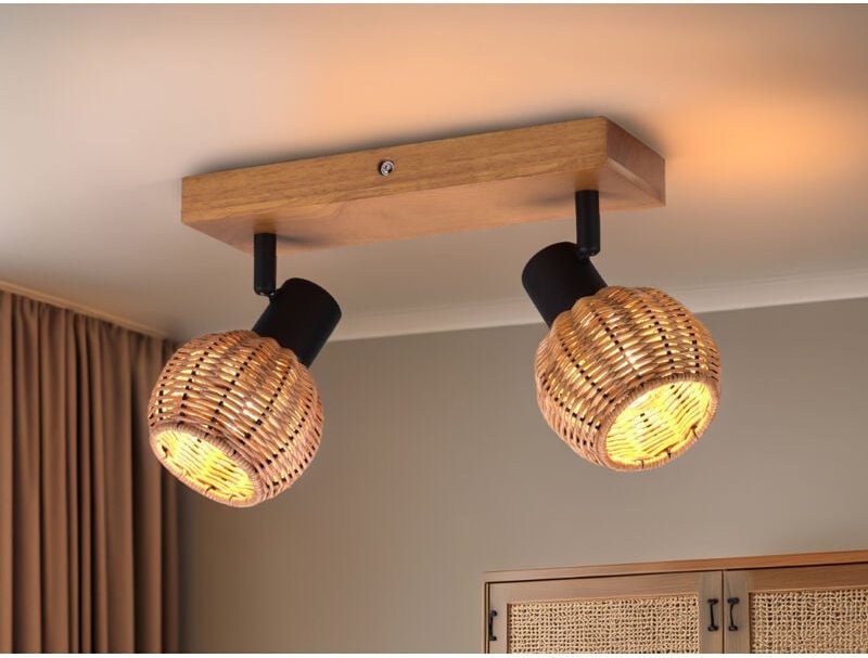 Meinewunschleuchte - Deckenstrahler tavar 2-flammig Holz mit Rattan Schirmen, Breite 30cm