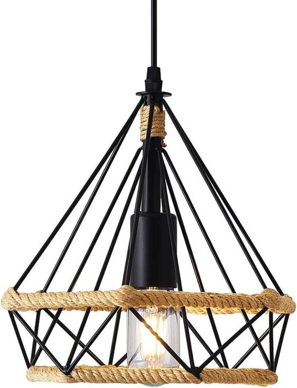 Pendelleuchte Retro Hanf Seil Hängelampe E27 für Esstisch Küche Wohnzimmer Cafét - Schwarz