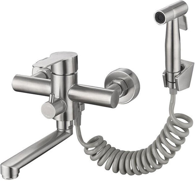 An der Wand montierter Küchenhahn mit Sprühpistole und 2 Arten von Wasserdüsen, 360 ° drehbare Düse Ymyny