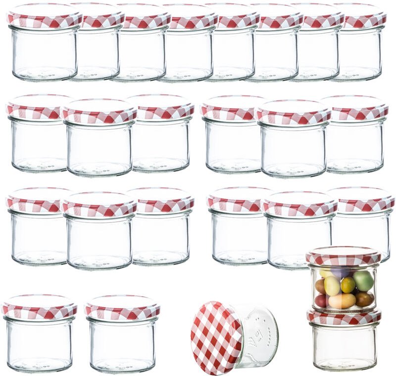 BigDean 24er Set Marmeladenglas 125 ml Sturzglas Einmachglas Einweckglas TO 66 rot karierter Deckel