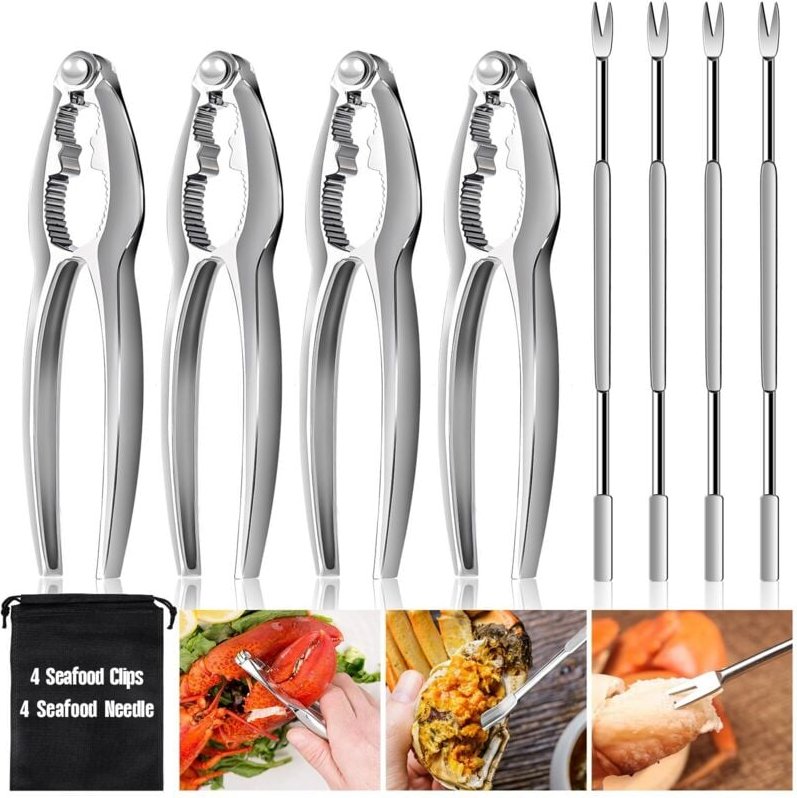 Set mit 8 multifunktionalen Schalentierzangen, Hummer- und Krabbenzangen, Meeresfrüchtegabel und -zange aus Edelstahl, f...