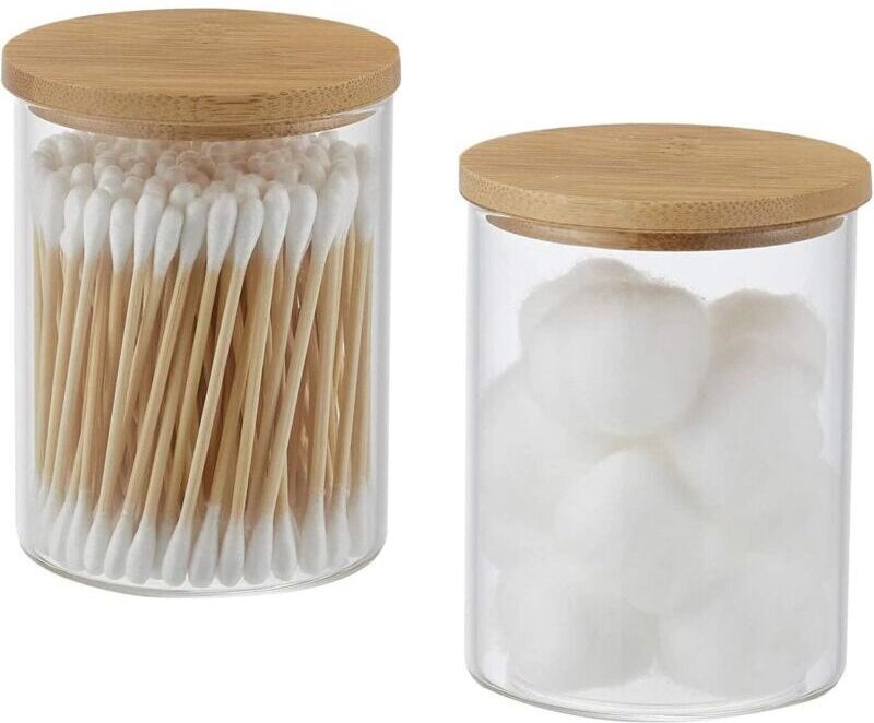 BEBUSINGOTO 2er-Pack Glasbehälter mit Bambusdeckel, rundes Wattepad für Badezimmerzubehör, Aufbewahrungs-Organizer, Bade...