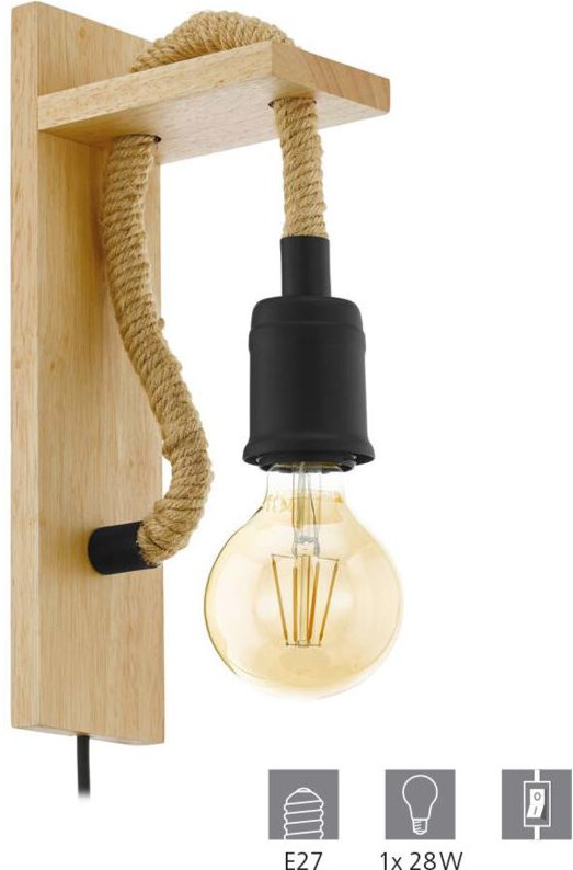 Vintage Wandleuchte 30x13,5 cm aus Seil und Holzständer Eglo Rampside
