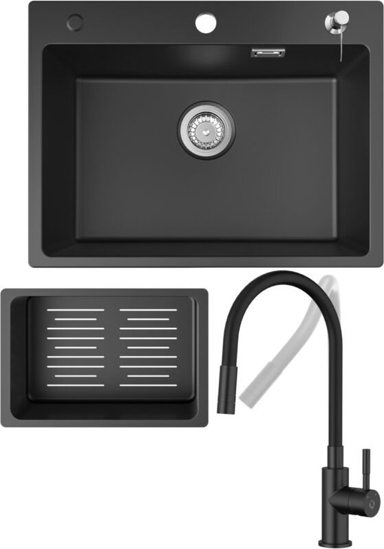 Cecipa Max - Küchenspüle 60x45cm Granitspüle Anthrazitschwarz Mit Seifenspender + Universeller Küchenarmatur Schwarz Hoh...