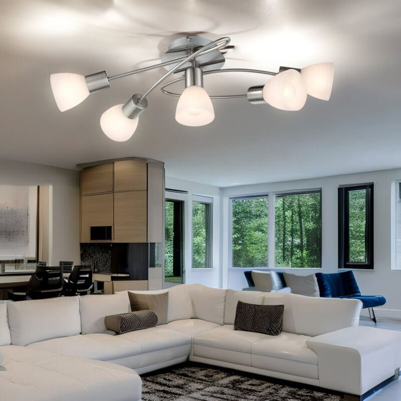 Thumbnail - Deckenleuchte 5 Strahler Spotleuchte Flurlampe Deckenlampe Glas weiß, Metall nickel, 5x E14 Fassung, LxBxH 61x36,5x21 cm