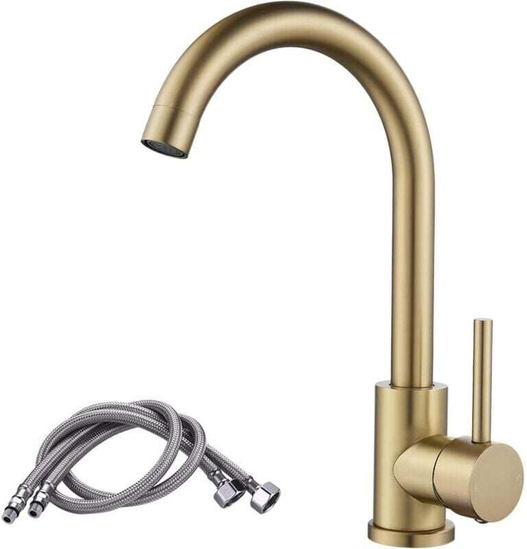 360° drehbare Küchenarmatur aus Messing und Edelstahl, Warm- und Kaltwasserhahn, gebürstetes Gold