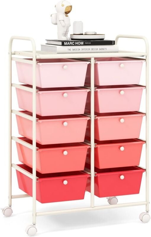 GOPLUS Rollwagen mit 10 Schubladen stapelbar, Rollcontainer mit Ablage & Metallgestell, Badregal, Aufbewahrungswagen, fü...