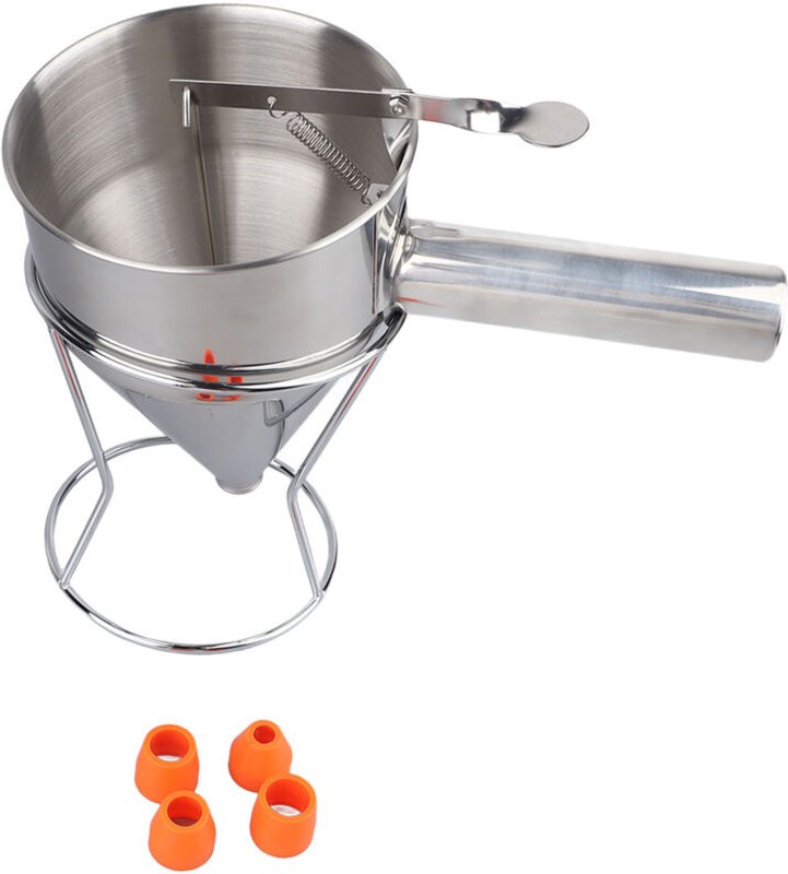 Teigspender, Pfannkuchenspender für Teigspender mit 4 Silikon-Kuchentrichtern (18 mm) aus Edelstahl.