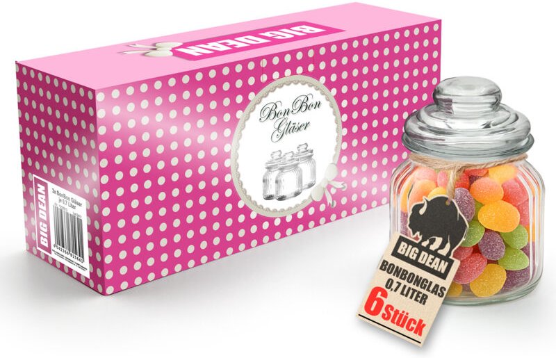 BigDean Bonbonglas 6x 700ml Bonboniere Bonbonglas mit Deckel in Geschenkbox Vorratsgläser Spülmaschinfest Candy Bar Gläs...