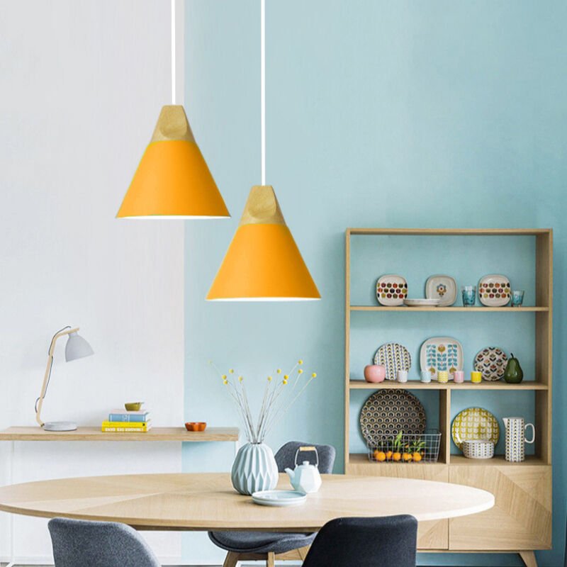 2 Stück Moderne Pendelleuchte Industrielle Hängelampe Holz Metall Deckenleuchten für Esszimmer Küche Dunkelgelb Ø22cm