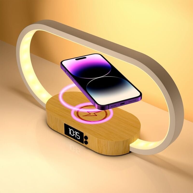 Nachttischlampe, kabelloses Schnellladegerät mit Uhr, Touch-Schreibtischlampe für Schlafzimmer, Holzdekor, 3 Farbmodi