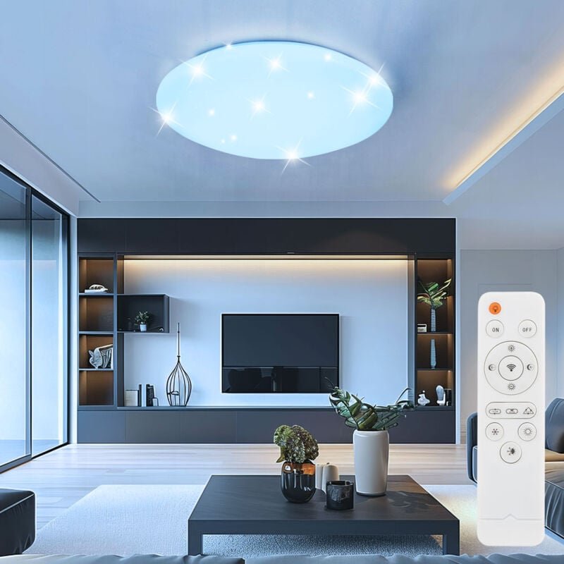Deckenlampe dimmbar mit Fernbedienung led Wohnzimmerlampe Sterneneffekt Schlafzimmerleuchte, 24W 1800lm warmweiß-kaltwei...