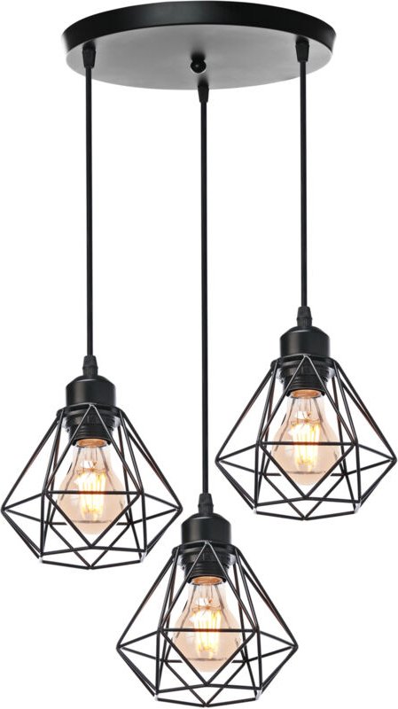 3-Flammige Industrielle Pendelleuchten aus Metall im Diamant Käfig Hängelampe E27 Runde Basis für Küche Wohnzimmer Esszi...