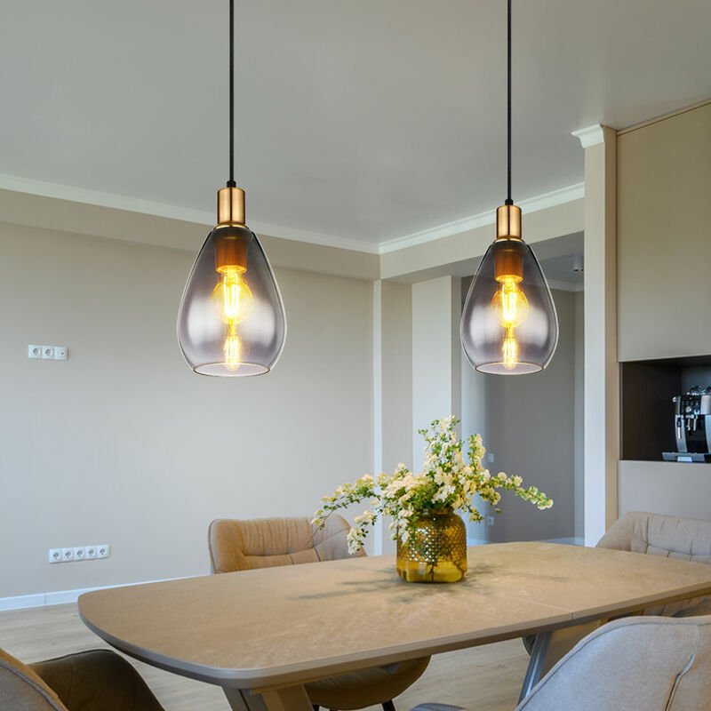 Pendelleuchte Hängelampe rauchglas Wohnzimmer 1 Flammig schwarz Deckenleuchte hängend, Metall messing, E27 Fassungen, Dx...