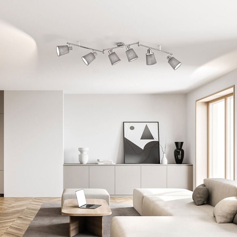 Deckenleuchte Spotleiste 6 flammig Deckenlampe Wohnzimmerleuchte Schlafzimmerlampe, nickel matt Textil grau, 6x E14, LxH...