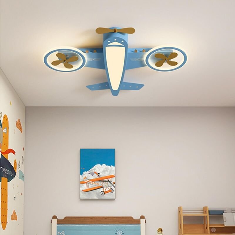 LED-Kinderdachlampe, blaue Flugzeug eingebettete Dachleuchte Cartoon LED-Kronleuchter, dimmbar 3000-6000K, für Kindergar...