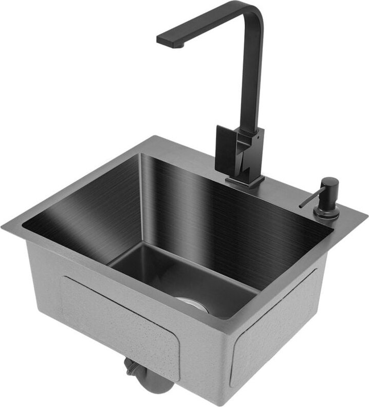 Edelstahl-Spüle mit schwarzem Wasserhahn, 40 x 45 cm, Einbauküchenspüle, Granitspüle für 45 cm Unterschrank, mit 360° sc...