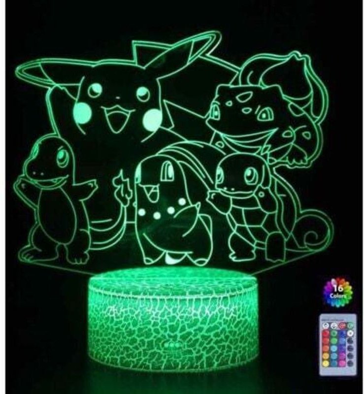 3D-Pokémon-Pikachu-Nachtlicht, LED-Nachttischlampe mit Fernbedienung, 16 wechselnde Farben, USB-Anschluss